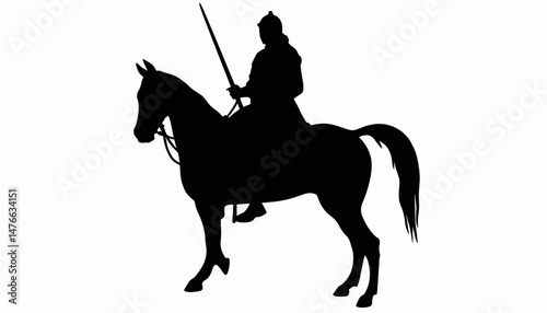 Knight silhouette on horseback, black and white art