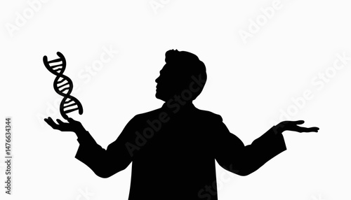 Scientist contemplating DNA model silhouette, innovation concept