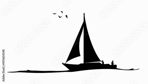 Silhouette of a sailboat with birds at sunset, serene exploration