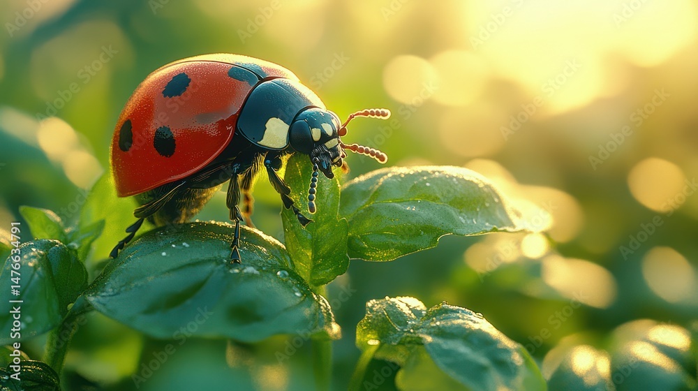Fototapeta premium Ladybug on green leaves