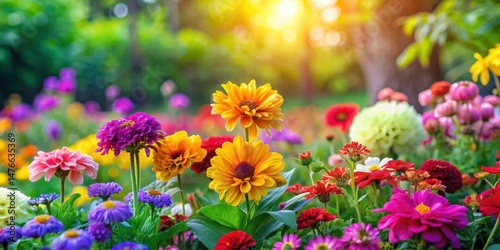 Vibrant colorful flowers blooming in a lush garden, blossoms, flowers,  blossoms