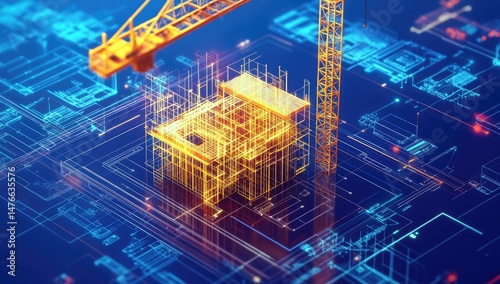 Digital construction of a building.  A 3D model of a house under construction,  with a crane and circuit board-like elements
