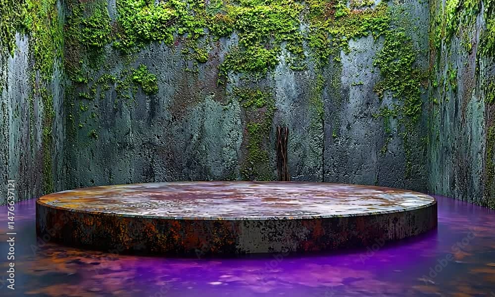 Abandoned industrial space with a circular platform surrounded by vibrant green moss and purple water