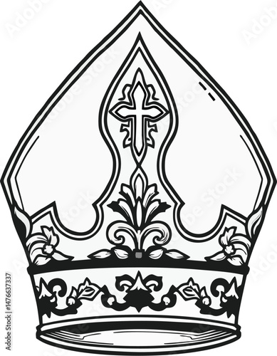 Highly Detailed Black and White Vector of Ornate Bishop Mitre with Floral Cross Design – Religious Clergy Hat Illustration