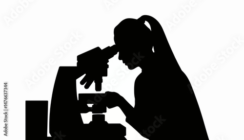 Silhouette of a woman examining samples with a microscope, scientific inquiry