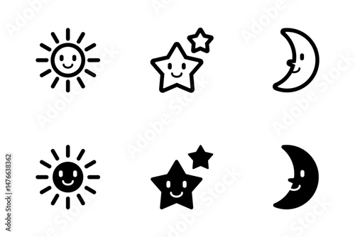 太陽、星、月のキャラクターのアイコンイラストセット