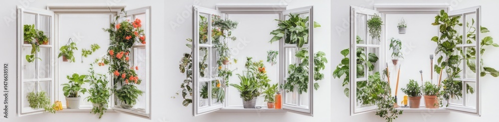 Fototapeta premium Rustic window display with vibrant plants