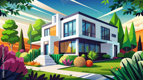 A contemporary white house featuring striking black frames, surrounded by vibrant greenery, nestled in a sunny and inviting residential neighborhood