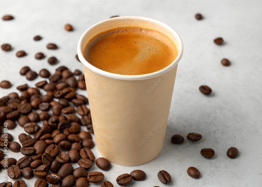 Obraz premium Coffee crema espresso in paper Coffee cup and bean, close-up, Top view of Espresso in Takeaway paper coffee cup