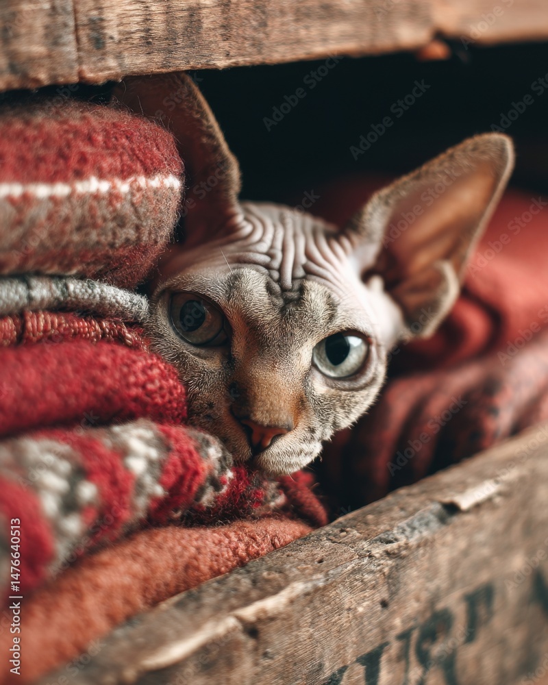 Obraz premium a sphinx cat partially hiding inside an old wooden drawer filled with scarves and letters, only its eyes and ears visible, soft diffused light from above