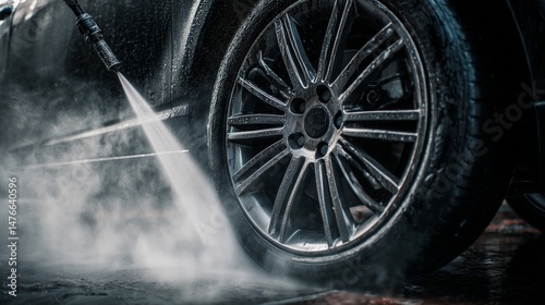 High Pressure Water Jet Cleaning of Car Wheel and Tire in Action