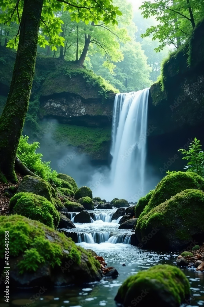 Waterfall flowing over moss-covered rocks in a misty forest, flora,, tree Waterfall flowing over moss-covered rocks in a misty forest, flora,, tree