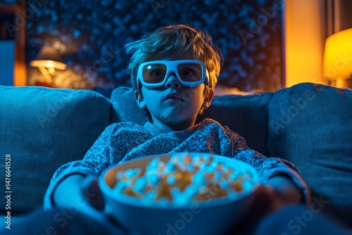 A young boy is sitting on a couch with a bowl of popcorn in front of him