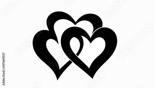 Black and white overlapping hearts silhouette on white background, love