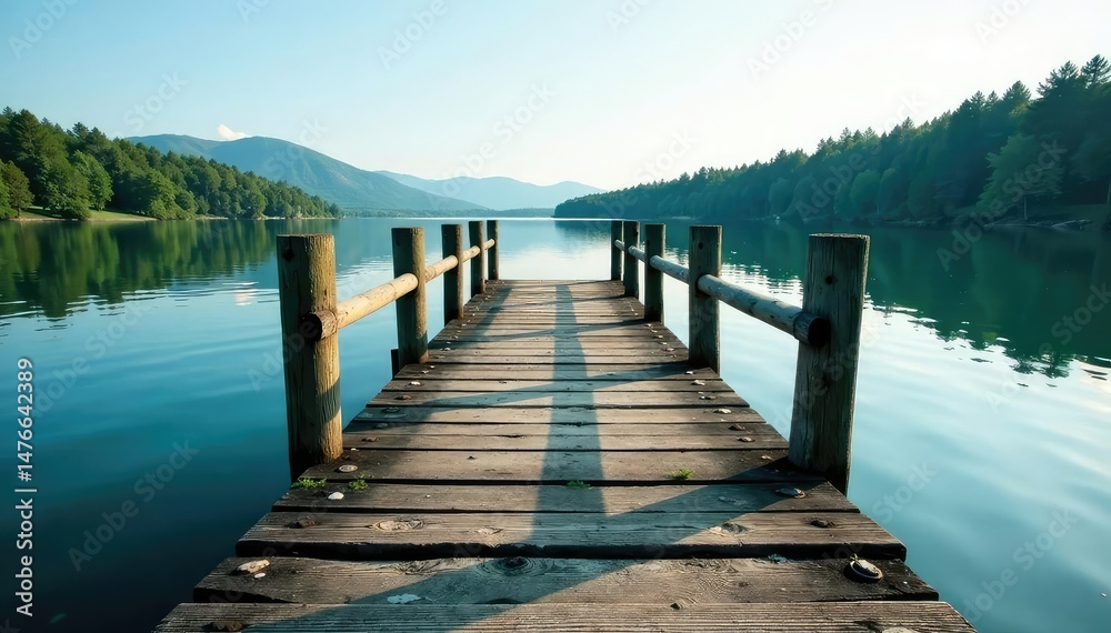 Naklejka premium Weathered wooden bridge in a serene lake environment, calm, water
