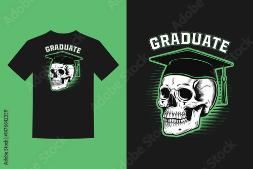 Black tshirt design with a skull wearing a graduation cap.