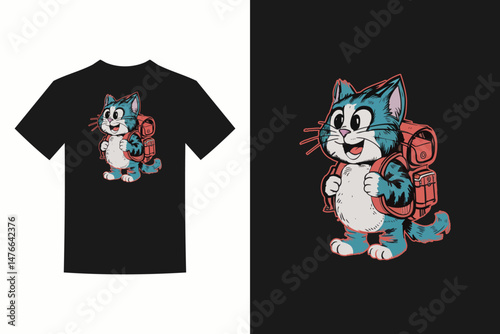 Black tshirt with a cartoon cat wearing a backpack.