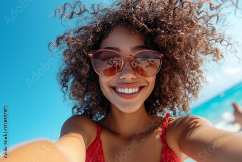 A woman with curly hair is smiling and wearing sunglasses