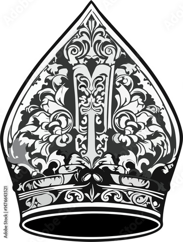 Intricate Black and White Vector of Ornate Bishop Mitre with Baroque Floral Design – Religious Clergy Hat Illustration