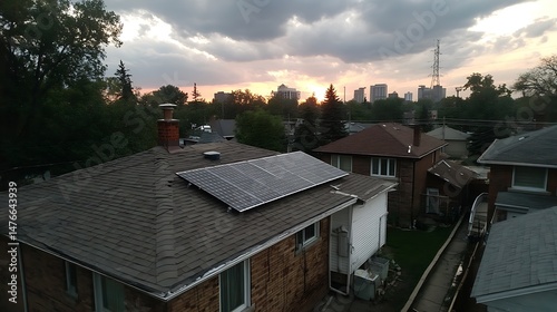 Wallpaper Mural A view of rooftops, trees, and buildings against a cloudy sunset sky. The closest roof has panels attached. A transmission tower is among the buildings. Torontodigital.ca