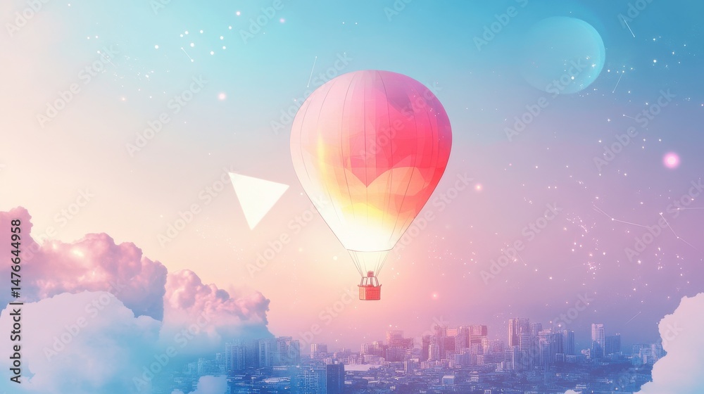 Obraz premium Hot air balloon floating above cityscape and clouds in dreamy pink sky