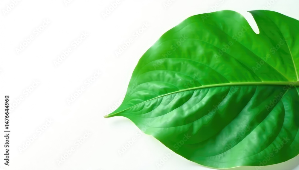 Fototapeta premium Large green leaf in high contrast with a white background, foliage, floral