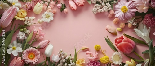 Wallpaper Mural Floral Arrangement on Pink Background Overhead Flat Lay Springtime Flowers Tulips Daisies Carnations Narcissus Baby's Breath for Invitation Card Torontodigital.ca