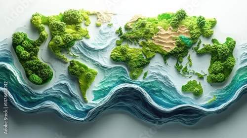 Artistic map of the world in 3 d relief with greenery and blue water elements