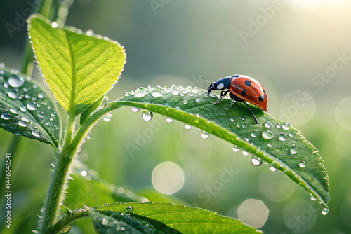A red ladybug, a small spotted beetle, rests on a green leaf in nature