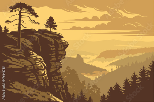 111 dramatic rock formation, rugged cliffs, misty forests, glowing sunset colors, serene landscape, epic scenery, atmospheric lighting, moody skies, majestic nature