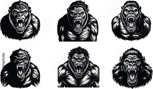 Angry Gorilla Head Vector Illustrations – Black and White Roaring Ape Art in Tattoo Style