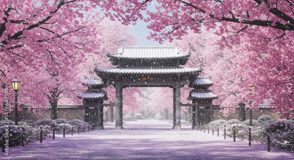 Obraz premium Snowy Cherry Blossom Gate