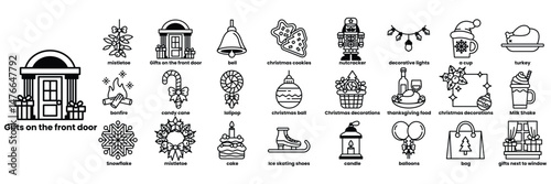 A series of Christmas themed icons including a bell, a wreath, a nutcracker in line drawing style