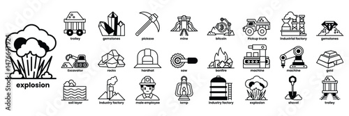 A collection of icons for mining and construction in line drawing style