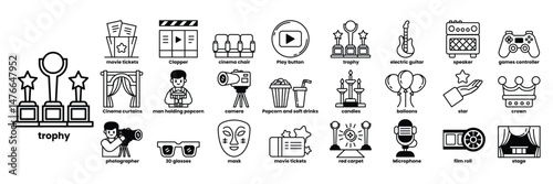 A series of icons for various aspects of the entertainment industry in line drawing style