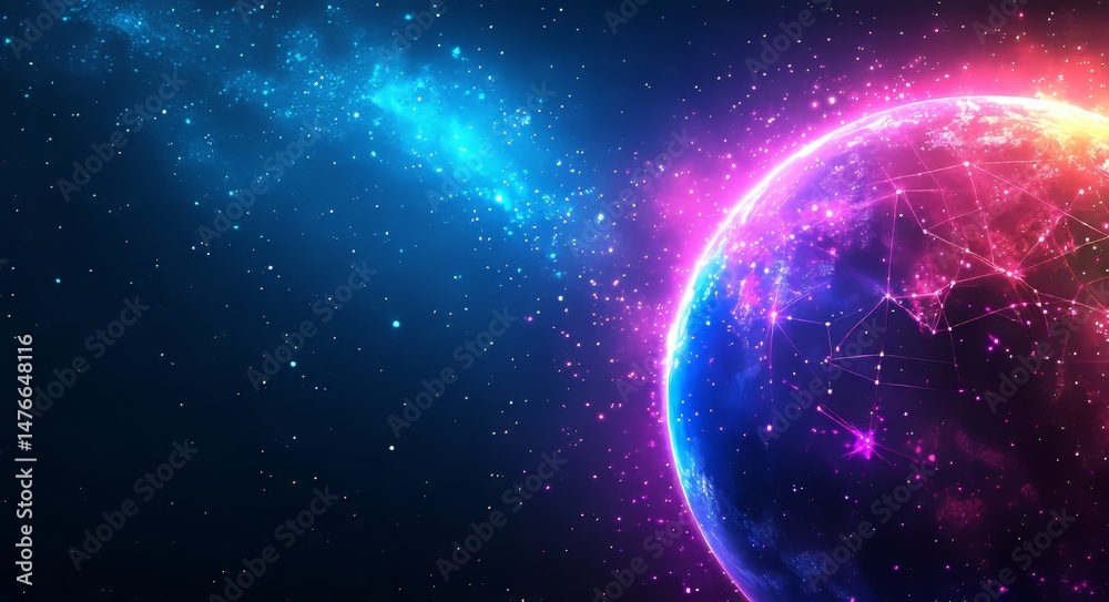 Obraz premium The earth becomes interconnected through digital data streams in space