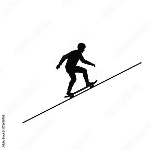 Black silhouette of skateboarder riding upward on a slanted ramp isolated on white
