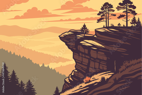 111 dramatic rock formation, rugged cliffs, misty forests, glowing sunset colors, serene landscape, epic scenery, atmospheric lighting, moody skies, majestic nature