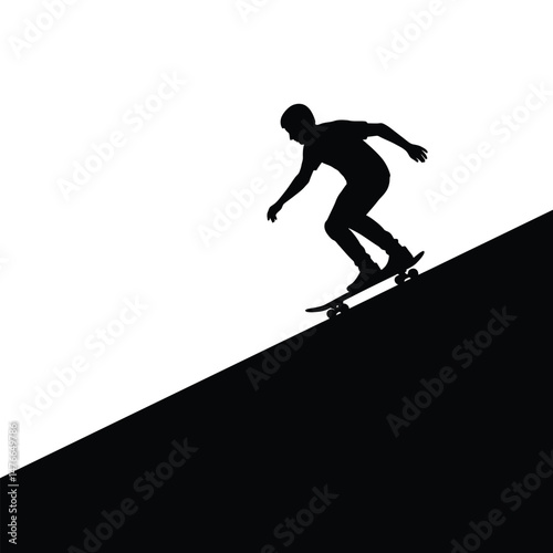 Silhouette of skateboarder gliding down a ramp in bold black and white design