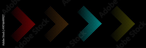 Vibrant set of colorful halftone arrows in horizontal and vertical orientations on a sleek black background. Perfect for motion graphics, web UI, info-graphics, and futuristic design themes.