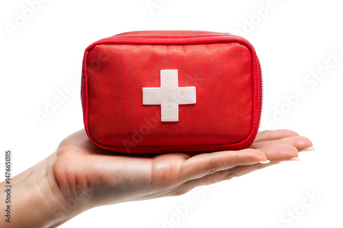 Female hand holding red first aid medical kit bag isolated on white background. PNG. AI GENERATIVE