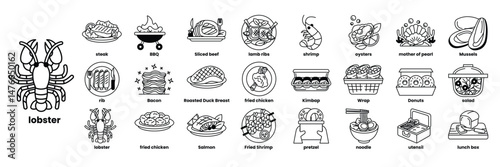 A crab is shown with a variety of foods on its shell in line drawing style