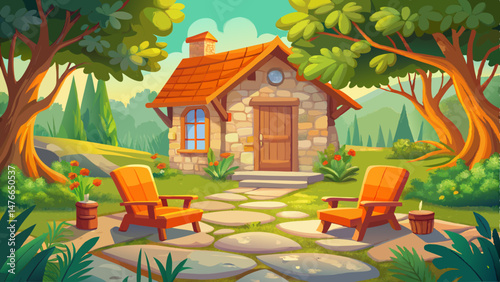 Charming rustic cottage featuring vibrant orange lounge chairs on a stone patio surrounded by lush greenery in a serene outdoor setting Very beautiful