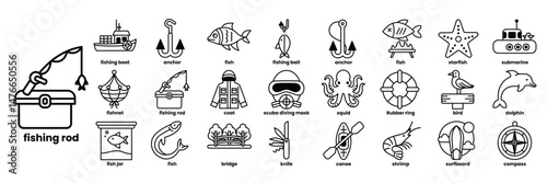 A collection of fishing and boating icons in line drawing style