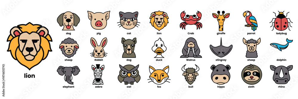 Obraz premium A collection of animal faces, including a lion, a dog, a cat, a bird, a fish