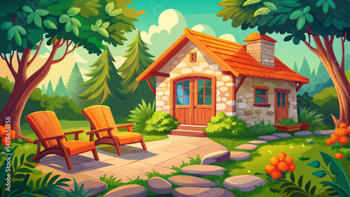 Charming rustic cottage featuring vibrant orange lounge chairs on a stone patio surrounded by lush greenery in a serene outdoor setting Very beautiful