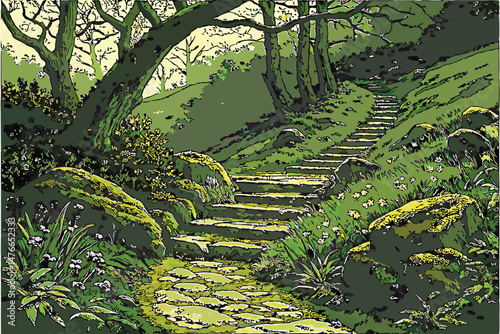 112 rustic garden path, wooden steps, mossy rocks, vibrant wildflowers, lush foliage, moody atmospheric lighting, beautiful natural landscape, enchanting forest setting, dreamlike and whimsical compos