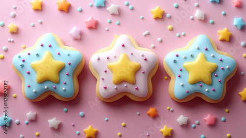 Colorful star shaped cookies decorated with icing and sprinkles on a pink background