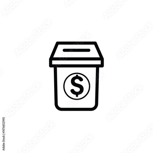 Simple black and white illustration of a donation box with a dollar sign symbol