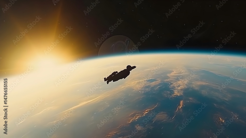 Fototapeta premium Captivating Astronaut Floating in Space Against a Stunning Sunrise